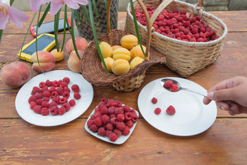 fresh and organic fruits on wooden table