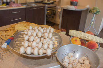 Skewers of grilled mushrooms and vegetables