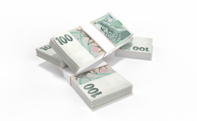 3D realistic render of 100 stack czech crown ceska koruna national money in czech republic. Isolated on white background.