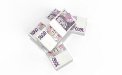 3D realistic render of 1000 stack czech crown ceska koruna national money in czech republic. Isolated on white background.