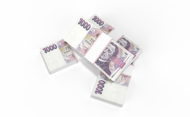 3D realistic render of 1000 stack czech crown ceska koruna national money in czech republic. Isolated on white background.