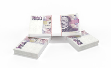 3D realistic render of 1000 stack czech crown ceska koruna national money in czech republic. Isolated on white background.