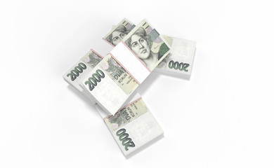 3D realistic render of 2000 stack czech crown ceska koruna national money in czech republic. Isolated on white background.