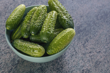 top view of cucumbers in a ceramic bowl, prepared for pickling. The concept of preserving food for the winter