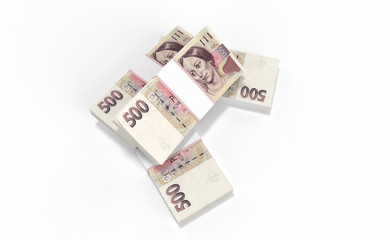 3D realistic render of 500 stack czech crown ceska koruna national money in czech republic. Isolated on white background.