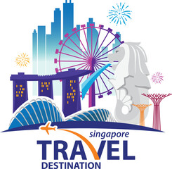 Naklejka premium Singapur podróży zabytki. Grafika wektorowa i ilustracje.