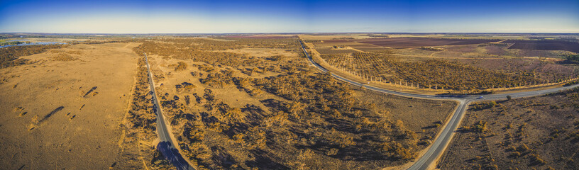 Wide aerial panorama of South Australian landscape in Riverland region