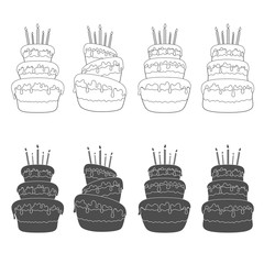 Black and white set of illustrations with a birthday cake. Isolated vector objects on white background.