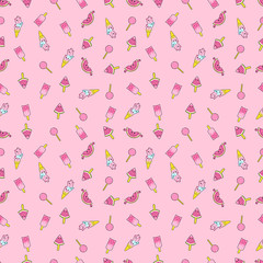 Abstract seamless ice cream pattern. Creative vector kids background with ice cream, cute eyes, cactus, stars, rainbow. Funny kids pattern for textile and fabric. Fashion ice cream pattern style.