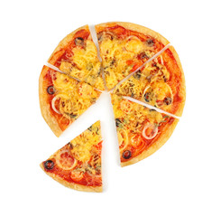 Sliced tasty pizza on white background, top view