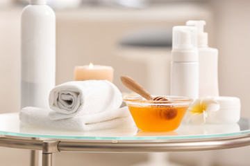 Set for massage on table in spa salon