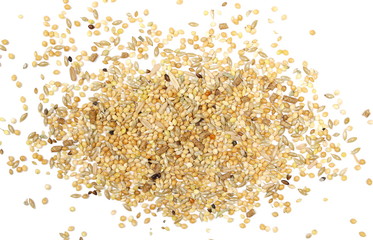 Mixed bird seed, millet pile isolated on white background, top view