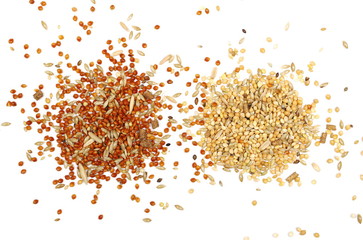 Mixed bird seed, millet pile isolated on white background, top view