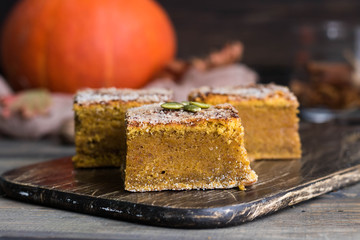 Homemade pumpkin bars with sugar-cinnamon crust