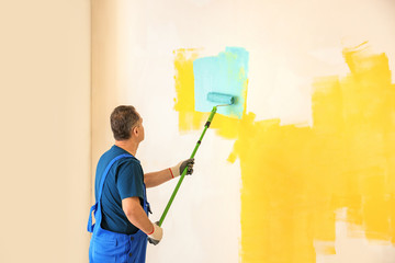 Male painter in uniform working indoors