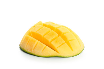Cut ripe mango on white background