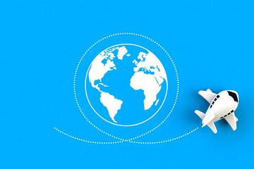 Fototapeta premium Close up of airplane flying around the world concept illustration on blue background, Top view with copy space, 3d rendering