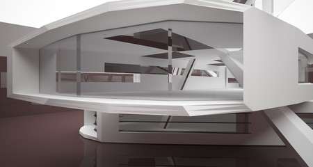 Abstract white and brown interior multilevel public space with window. 3D illustration and rendering.
