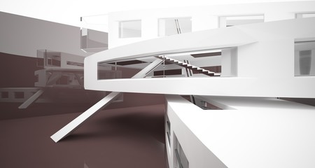 Abstract white and brown interior multilevel public space with window. 3D illustration and rendering.