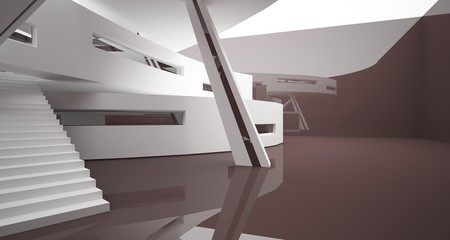 Abstract white and brown interior multilevel public space with window. 3D illustration and rendering.