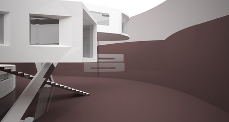 Abstract white and brown interior multilevel public space with window. 3D illustration and rendering.