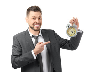 Businessman with alarm clock on white background. Time management concept