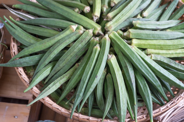 green okra (Abelmoschus) in bamboo crate