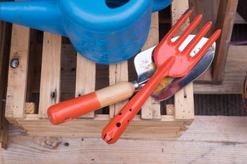 Hand shovel trowel fork on wooden board gardening concept