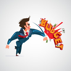 businessman hitting "Budget" text design. budget fight concept - vector