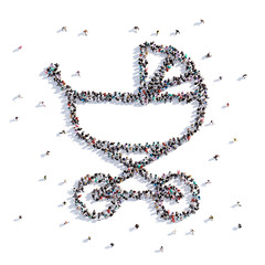 A lot of people form baby carriage, hand drawing . 3d rendering.