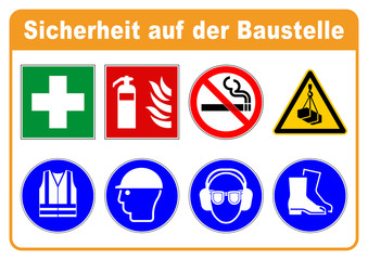 adbg7 AufDieserBaustelleGilt adbg - ks381 Kombi-Schild - Baustellen-Sicherheitsschild: Erste Hilfe - Sicherheitsweste - Schutzhelm - Gehörschutz Augenschutz Sicherheitsschuhe - DIN A0 A1 A2 A3 g6394