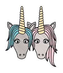 cute unicorns couple characters vector illustration design
