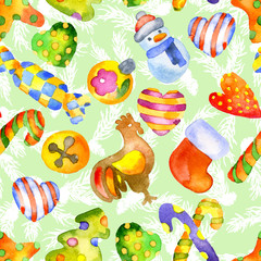 New Year's toys. Festive figurines. Christmas decorations. Sweet gifts. Christmas decoration. Watercolor. Illustration