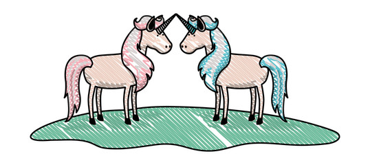 cute unicorns in the grass characters vector illustration design