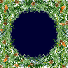 New Year, festive, Christmas, New Year tree, coniferous, decorative card with toys, figurines. Watercolor. Illustration