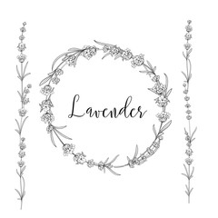 The lavender elegant card with frame of flowers and text. Lavender garland for your text presentation. Label of soap package. Label with lavender flowers. Vector illustration.
