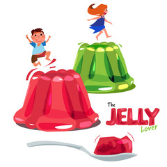 Kid jumping or playing on colorful jelly. jelly lover concept. logotype come with spoon of jelly - vector