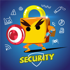 Pad lock hero. character design for pad lock holding waepon and shield to protect - vector