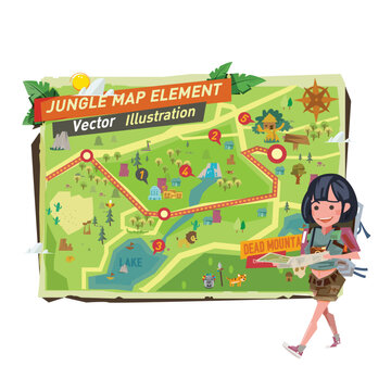 tourist girl with jungle map elements. tourist girl character walk and holding jungle map - vector