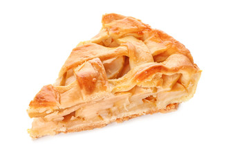 Piece of tasty homemade apple pie on white background