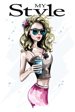 Hand drawn beautiful blonde hair woman. Fashion woman with glass of juice. Stylish lady in sunglasses. Sketch.