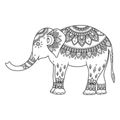 Elephant decorated with Indian ethnic floral vintage pattern. Hand drawn decorative animal in doodle style. Stylized mehndi ornament for tattoo, print, cover, book and coloring page.