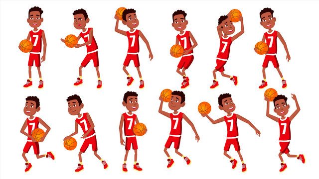 Basketball Player Child Set Vector. In Action. Leads, Playing With A Ball. Healthy Lifestyle. Runningm Jump With Ball. Isolated Flat Cartoon Illustration