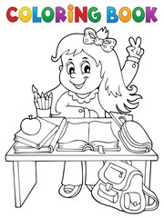 Coloring book girl behind school desk