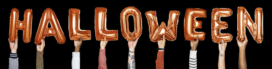 Orange alphabet balloons forming the word halloween