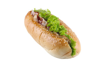Hotdog with sausage / beacon and fresh salad isolated on white background. Whith clipping path..