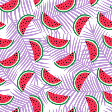 slice of red watermelon on a purple palm leaves background pattern summer exotic tropical fruit hawaii sweet seamless vector