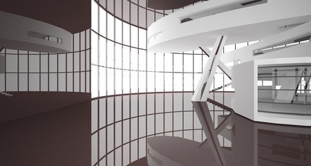 bstract white and brown interior multilevel public space with window. 3D illustration and rendering.
