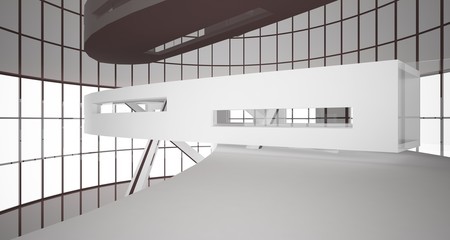 Abstract white and brown interior multilevel public space with window. 3D illustration and rendering.