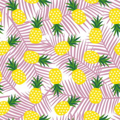 yellow pineapple with triangles geometric fruit summer tropical exotic hawaii sweet pattern on a light pink palm leaves background seamless vector